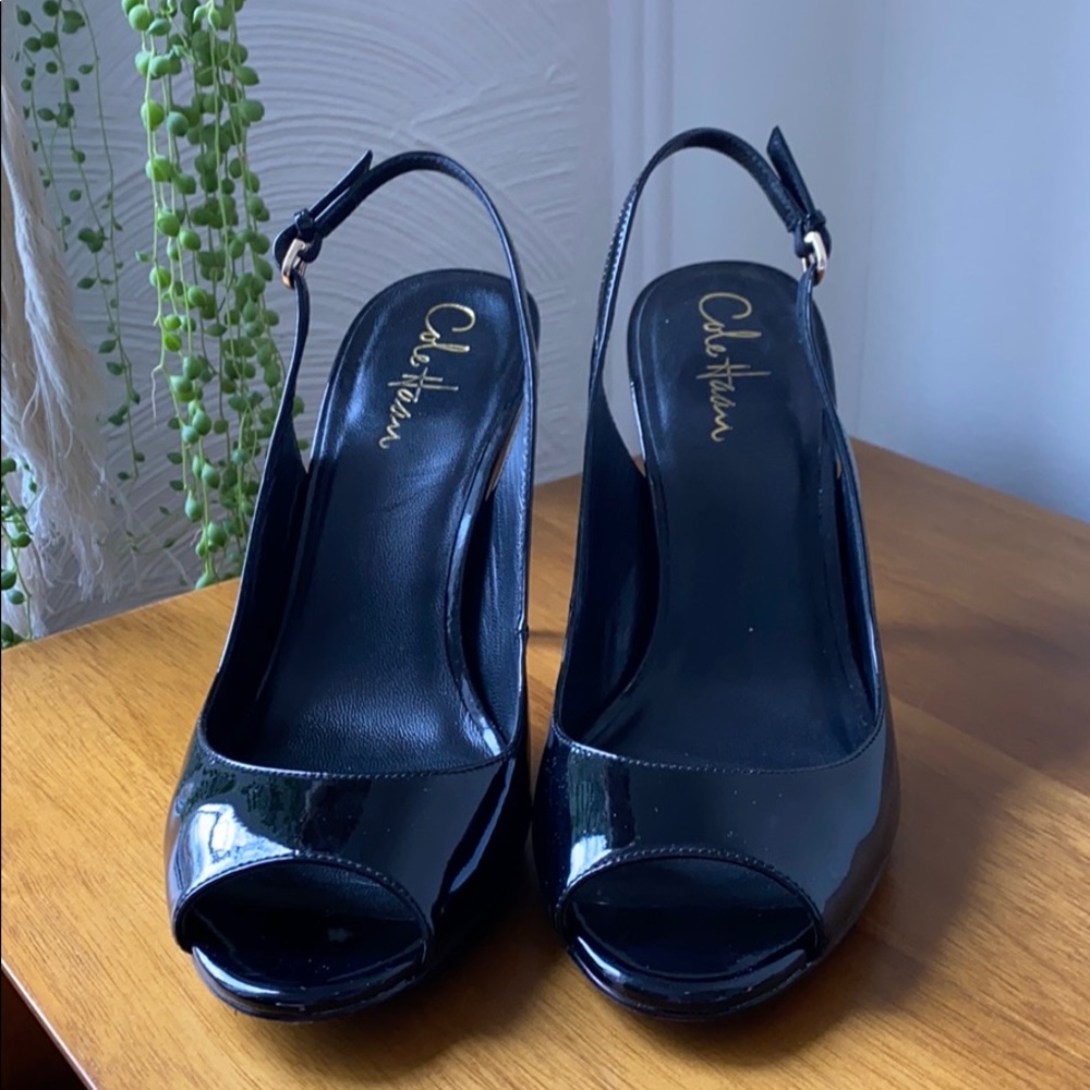 Come Haan Patent Leather Peep Toed Slingback Heels
